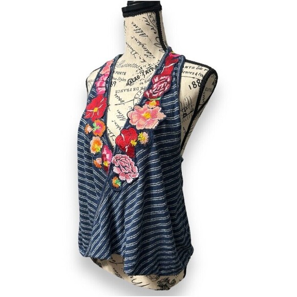Free People Blue Embroidered Faux Wrap Frida Tank Top Striped Boho Fairy X Small - Picture 4 of 11